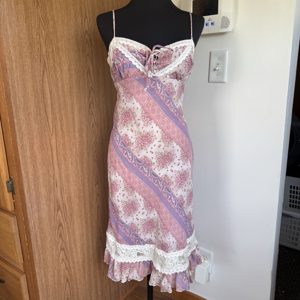 Vintage Arden B Y2K 90s Slip Midi Dress Pink Floral Lace Spaghetti Strap Size S